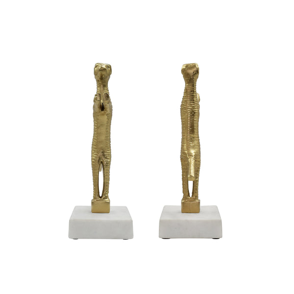 PAIR OF DOG BOOKENDS IN BRASS FINISH ON WHITE MARBLE BASE