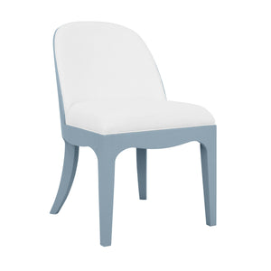 CURVED DINING CHAIR WITH SATIN BRASS RING HARDWARE ON BACK IN PERFORMANCE WHITE LINEN UPHOLSTERY AND TEXTURED LIGHT BLUE LINEN FRAME