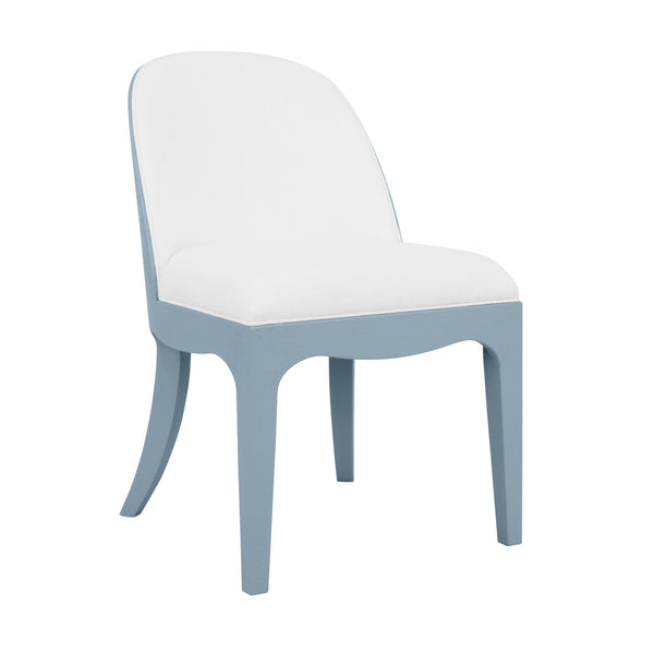 CURVED DINING CHAIR WITH SATIN BRASS RING HARDWARE ON BACK IN PERFORMANCE WHITE LINEN UPHOLSTERY AND TEXTURED LIGHT BLUE LINEN FRAME