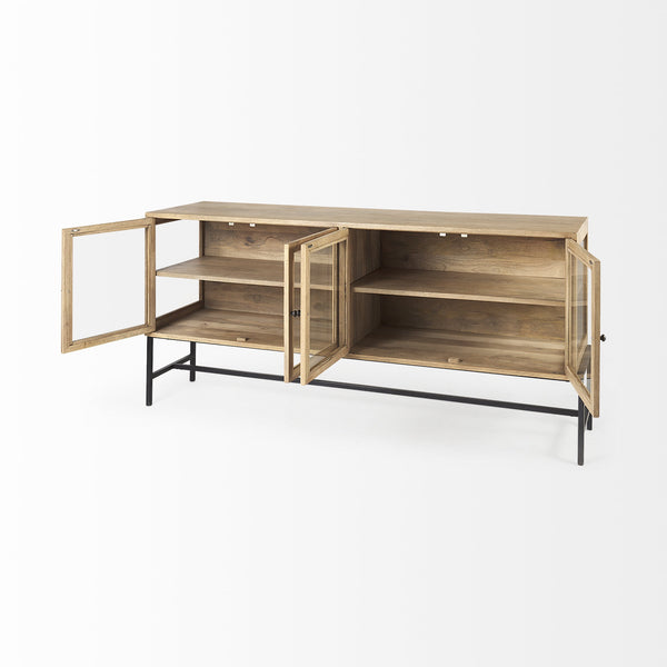 Arelius 70L x 18W x 32H Light Brown Wood, Black Metal Base w/ 4 Glass Cabinet Doors Sideboard