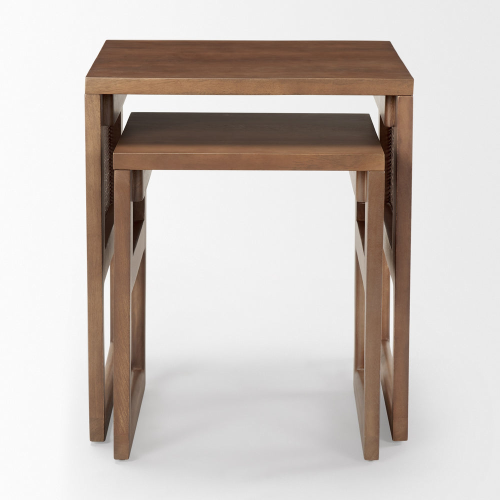 Grier Set of 2 Medium Brown Solid Wood w/ Cane Nesting Accent Tables