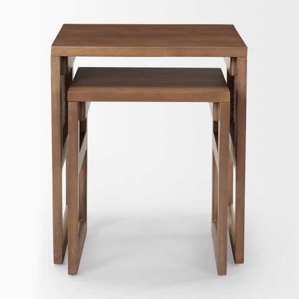 Grier Set of 2 Medium Brown Solid Wood w/ Cane Nesting Accent Tables