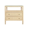 TWO DRAWER SIDE TABLE WITH OPEN TOP SHELF IN NATURAL GRASSCLOTH WITH POLISHED BRASS KNOBS