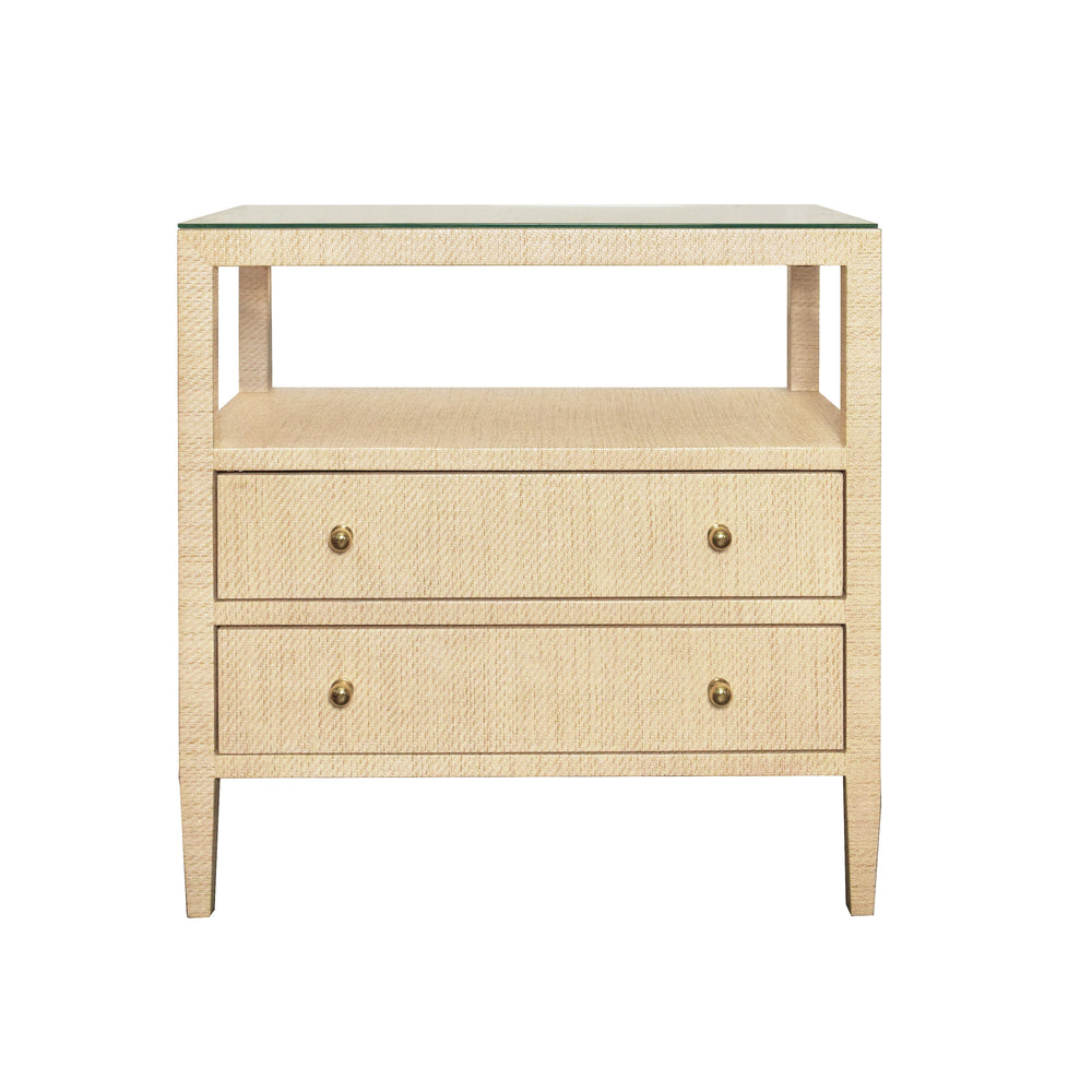 TWO DRAWER SIDE TABLE WITH OPEN TOP SHELF IN NATURAL GRASSCLOTH WITH POLISHED BRASS KNOBS
