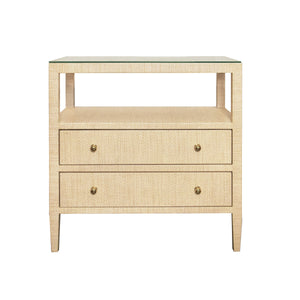 TWO DRAWER SIDE TABLE WITH OPEN TOP SHELF IN NATURAL GRASSCLOTH WITH POLISHED BRASS KNOBS