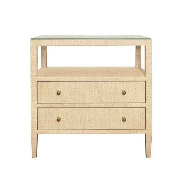 TWO DRAWER SIDE TABLE WITH OPEN TOP SHELF IN NATURAL GRASSCLOTH WITH POLISHED BRASS KNOBS