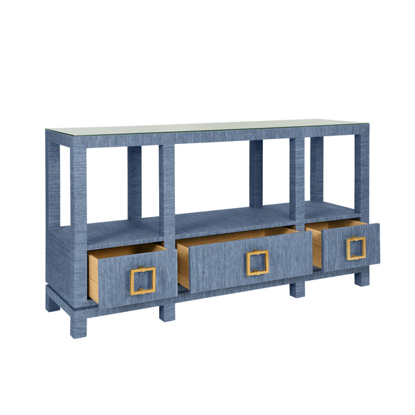 OPEN SHELF CONSOLE WITH THREE BOTTOM DRAWERS AND SQUARE SATIN BRASS HARDWARE IN DYED BLUE GRASSCLOTH