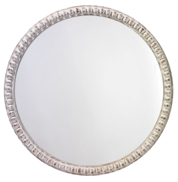 Audrey Beaded Wood Round Wall Mirror, White Washed