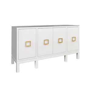 FOUR DOOR BUFFET WITH LARGE BRASS SQUARE HARDWARE IN WHITE TEXTURED LINEN