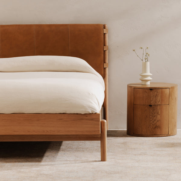 Colby King Bed with Leather Headboard and Oak Legs