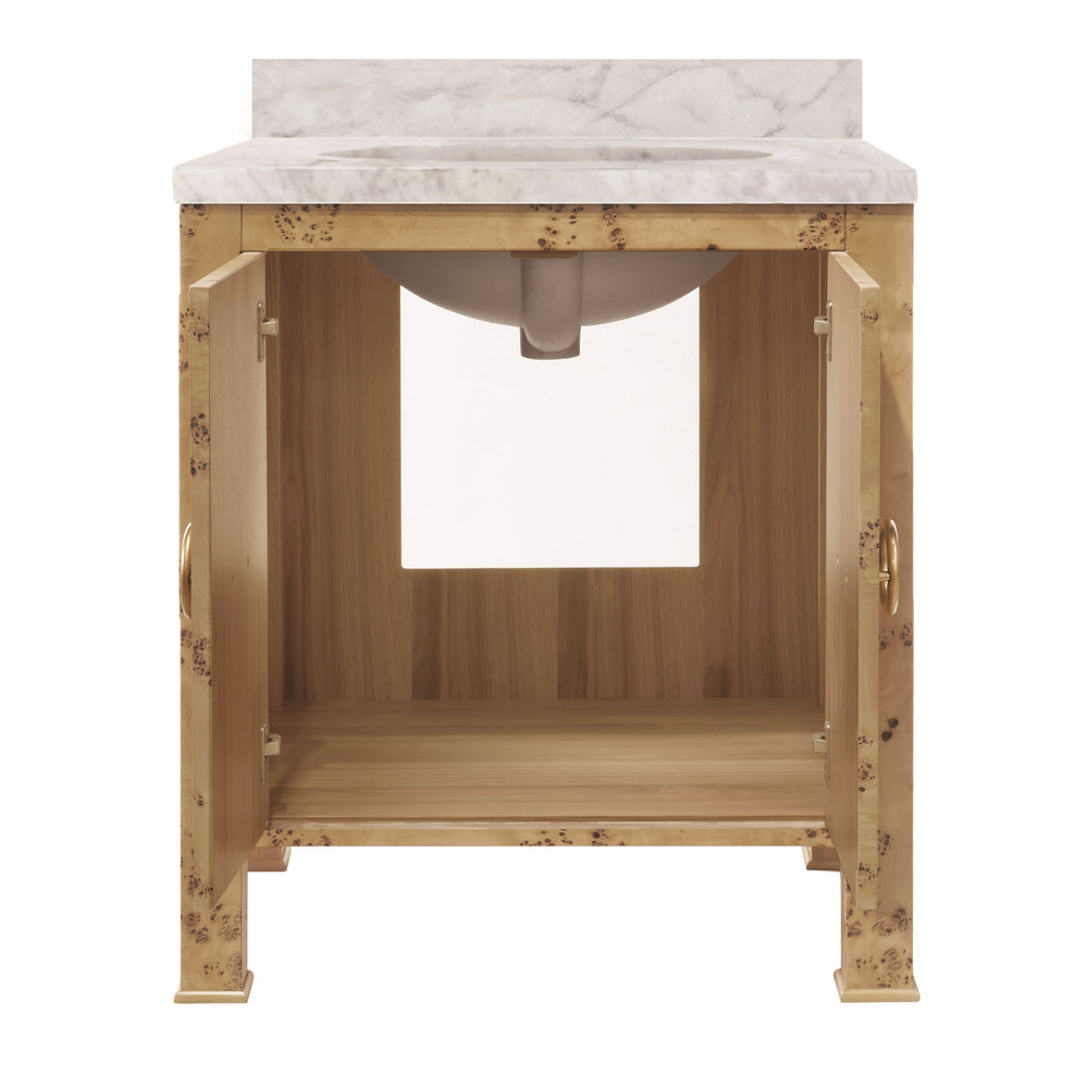BATH VANITY IN BURL WOOD W/ ANT. BRASS HARDWARE, WHITE MARBLE TOP, AND PORCELAIN SINK