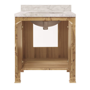 BATH VANITY IN BURL WOOD W/ ANT. BRASS HARDWARE, WHITE MARBLE TOP, AND PORCELAIN SINK