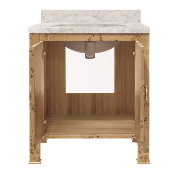 BATH VANITY IN BURL WOOD W/ ANT. BRASS HARDWARE, WHITE MARBLE TOP, AND PORCELAIN SINK