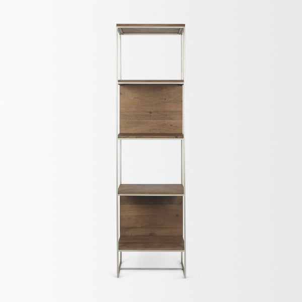 Morris II 19.75 x 15 x 72.5 Brown Wood and Silver Metal Frame 4 Shelf Shelving Unit