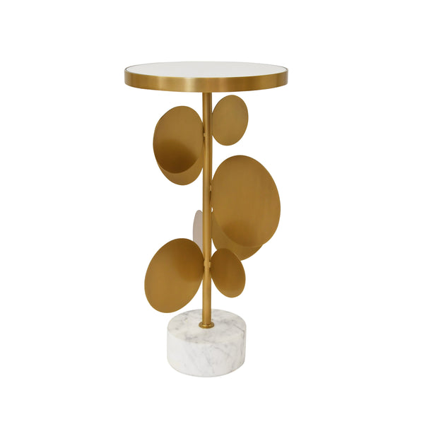 ROUND BRASS SIDE TABLE FEATURING BASE WITH ARRAY OF ANTIQUE BRASS DISCS, WHITE MARBLE BASE, AND INSET MIRROR