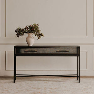 Mako Console Table in Black Oak with Brass Accents