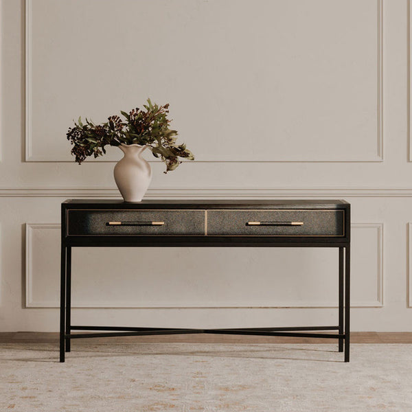 Mako Console Table in Black Oak with Brass Accents