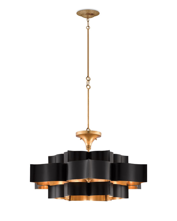 Grand Lotus Black Large Chandelier In Satin Black & Contemporary Gold Leaf