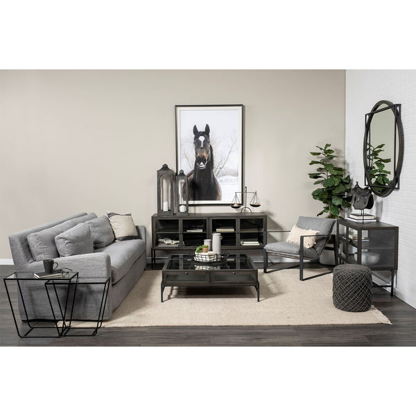 Arelius  36L x 18W Black-Brown Wood, Black Metal Base w/ 2 Glass Doors Accent Cabinet