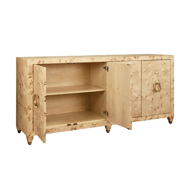 FOUR DOOR BUFFET WITH SATIN BRASS HORSEBIT INSPIRED HARDWARE AND FOOT CAPS IN BURL WOOD