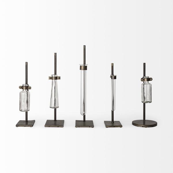 Jarvis Set of Five Dark Brown Metal and Glass Chemistry Inspired Bottles