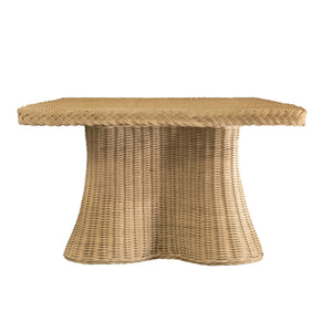 RECTANGULAR COFFEE TABLE WITH BRAIDED EDGE AND SCALLOPPED SKIRT IN NATURAL WOVEN RATTAN