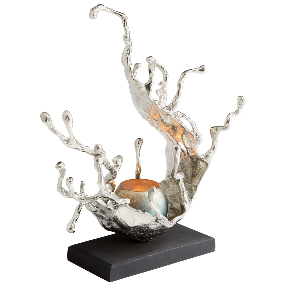 Aqueous Candleholder In Nickel And Blue Mist Glass