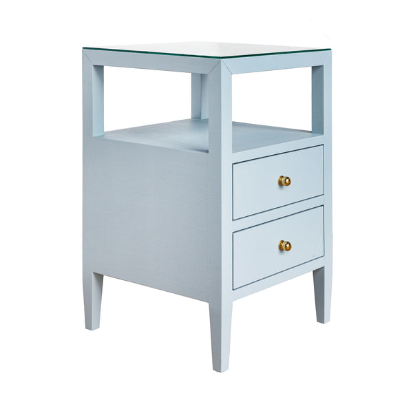 TWO DRAWER SIDE TABLE IN TEXTURED LIGHT BLUE LINEN WITH POLISHED BRASS KNOBS
