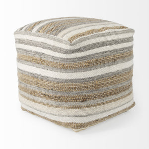 Aahana 16.0L x 16.0W x 16.0H White/Taupe/Gray Striped Hemp and Cotton Pouf