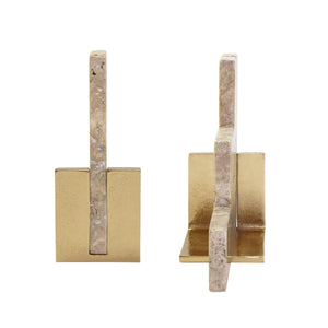 PAIR OF NATURAL TRAVERTINE STAIR STEP BOOKENDS WITH BRASS DETAIL