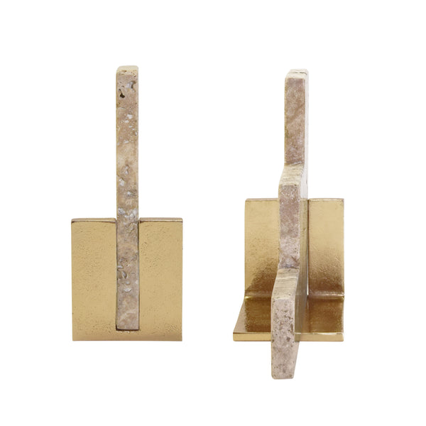 PAIR OF NATURAL TRAVERTINE STAIR STEP BOOKENDS WITH BRASS DETAIL