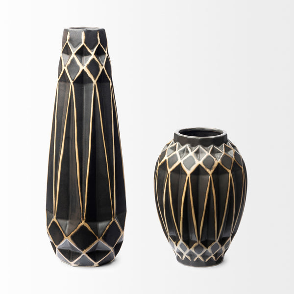 Teulia I Tall Black With Cream Accent Ceramic Vase