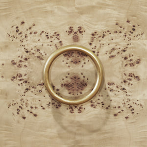BATH VANITY IN BURL WOOD W/ ANT. BRASS HARDWARE, WHITE MARBLE TOP, AND PORCELAIN SINK