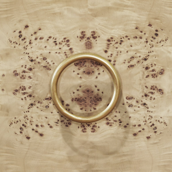 BATH VANITY IN BURL WOOD W/ ANT. BRASS HARDWARE, WHITE MARBLE TOP, AND PORCELAIN SINK