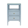 TWO DRAWER SIDE TABLE IN TEXTURED LIGHT BLUE LINEN WITH POLISHED BRASS KNOBS