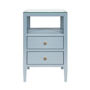 TWO DRAWER SIDE TABLE IN TEXTURED LIGHT BLUE LINEN WITH POLISHED BRASS KNOBS