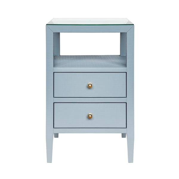 TWO DRAWER SIDE TABLE IN TEXTURED LIGHT BLUE LINEN WITH POLISHED BRASS KNOBS