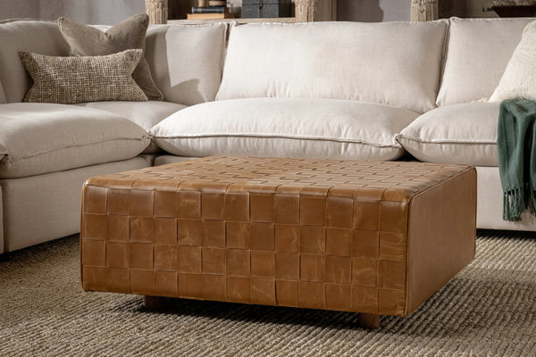 Aristo Leather Square Ottoman in Chestnut