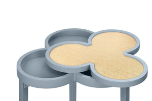 CLOVER CIGAR TABLE WITH REVERSIBLE LACQUER AND NATURAL GRASSCLOTH TOP IN MATTE LIGHT BLUE LACQUER