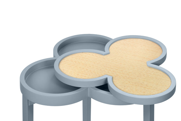 CLOVER CIGAR TABLE WITH REVERSIBLE LACQUER AND NATURAL GRASSCLOTH TOP IN MATTE LIGHT BLUE LACQUER