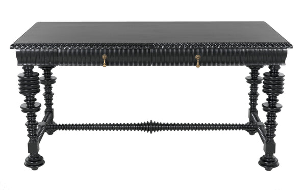 Portuguese Small Desk in Hand-Rubbed Black Mahogany with Brass Pulls