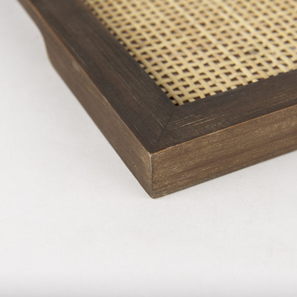 Silas Cane and Medium Brown Wood Rectangular Tray