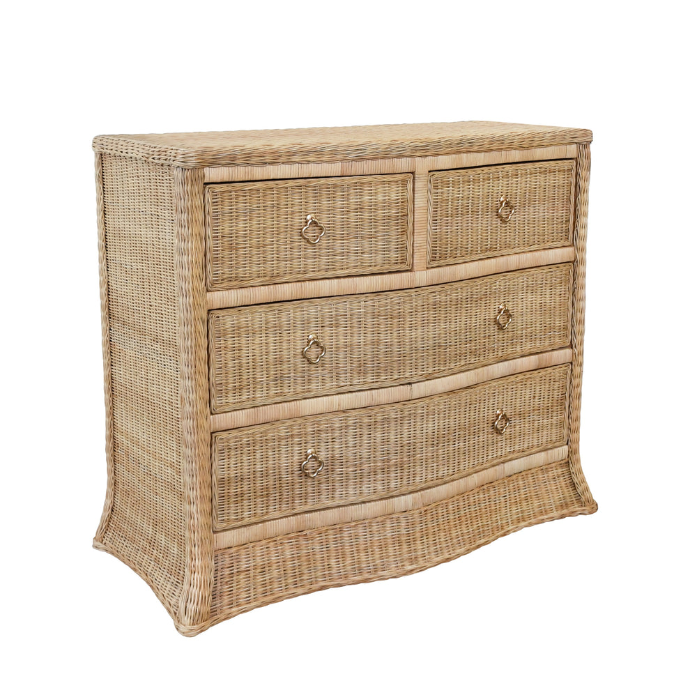 FOUR DRAWER CHEST IN WOVEN RATTAN WITH SATIN BRASS PULLS
