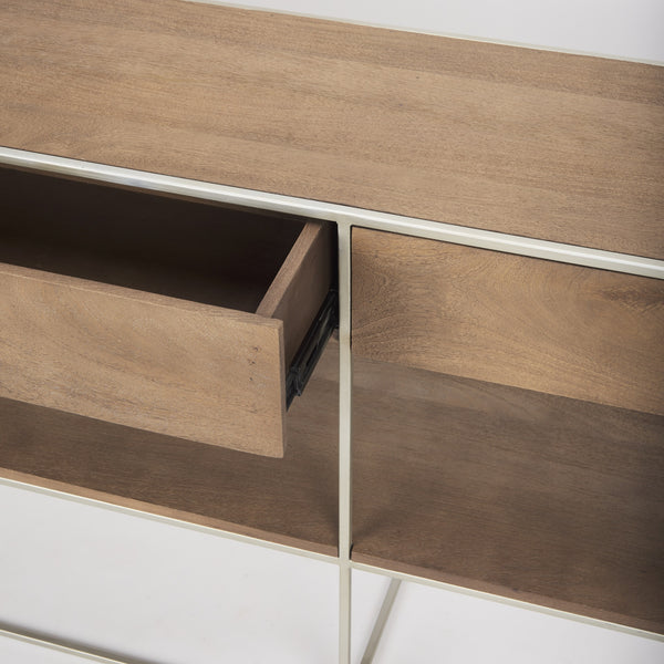 Morris I 63L x 15W x 31H Brown Wood w/ Silver Metal Frame 2 Drawer Console Table