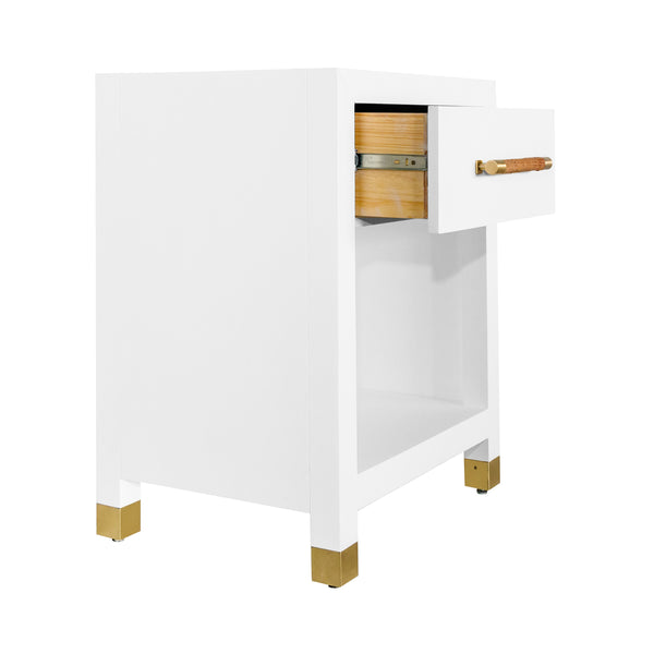 ONE DRAWER SIDE TABLE WITH RATTAN WRAPPED HANDLE IN MATTE WHITE LACQUER