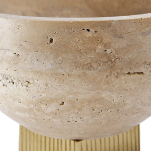 TRAVERTINE MARBLE BOWL WITH RIBBED BRASS BASE