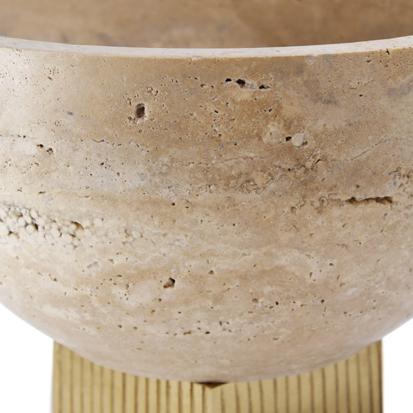 TRAVERTINE MARBLE BOWL WITH RIBBED BRASS BASE