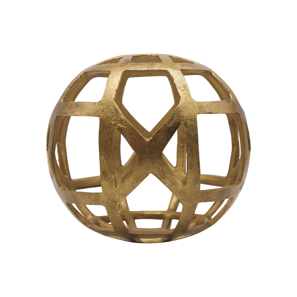 MEDIUM ROUND METAL BALL WITH GEO CUTOUTS IN TEXTURED BRASS
