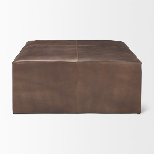Minara 36" Square Brown Leather Wrapped w/Wood Base Ottoman