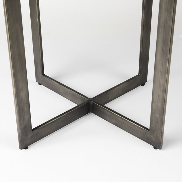 Faye I 48L x 48W x 30H Medium Brown Wood W/Antique Nickel Metal Base Round Dining Table